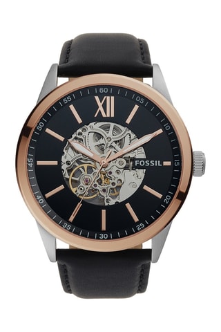Reloj automático de piel Flynn - Negro y rosa dorado