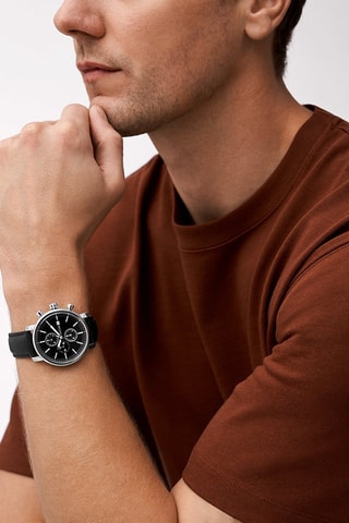 Reloj de cuarzo de piel Rhett - Negro y plateado