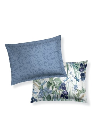 2 fundas de almohada de satén de algodón Frêne à fleurs - Azul