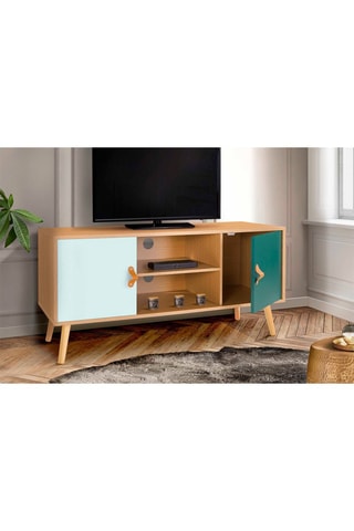 Mueble de TV de 2 puertas Aria - Imitación madera y verde