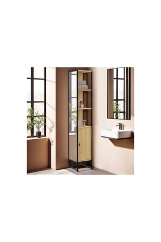 Columna de cuarto de baño de 1 puerta con espejo - Imitación madera y negro