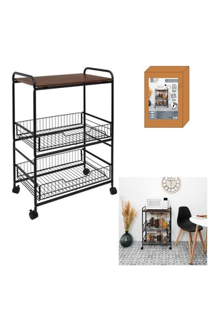 Mesa auxiliar con ruedas, estante y 2 cajones - Negro