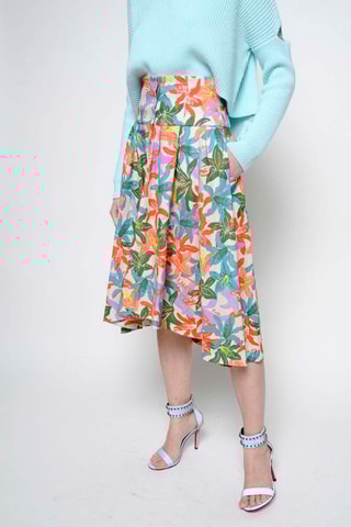 Jupe midi taille haute en lin - Blanc et mauve