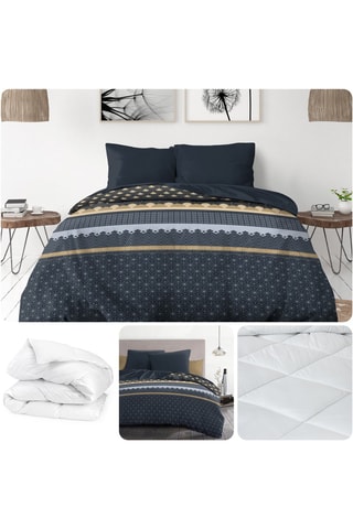 Parure de couette Charlest et couette - Bleu marine, doré et blanc