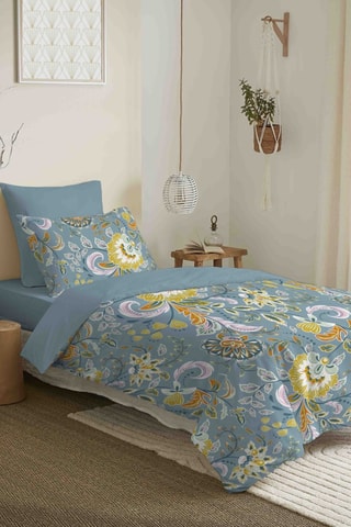 Parure de couette réversible en coton 57 fils/cm² Bergame - Turquoise