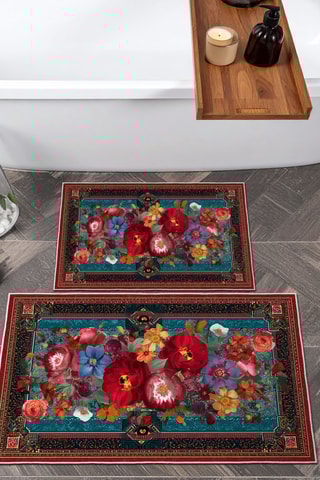 2 tapis de bain - Bleu cobalt et rouge - 50 x 60/60 x 100 cm