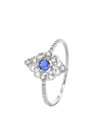 Anillo - Oro blanco, diamantes y zafiro