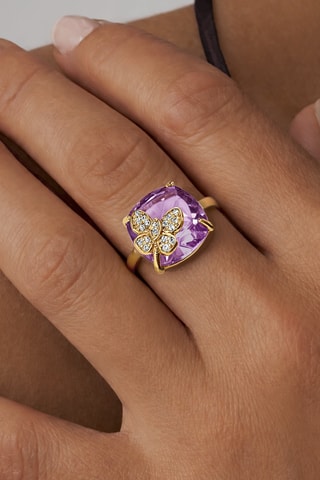 Anillo - Oro amarillo, plata, diamantes y amatista