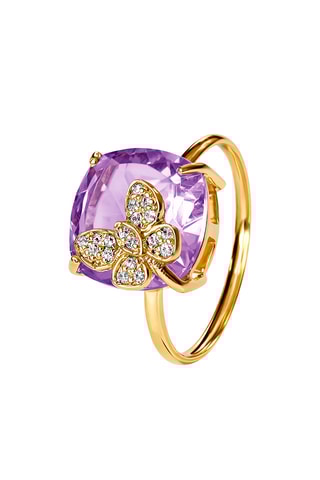 Anillo - Oro amarillo, plata, diamantes y amatista