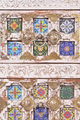 Commode 4 tiroirs - Blanc vieilli et doré