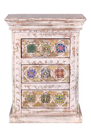 Table d'appoint 3 tiroirs - Blanc vieilli et doré