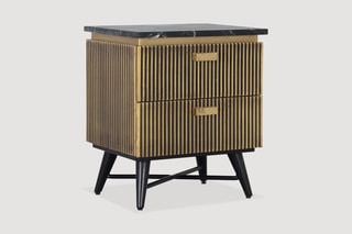 Table de chevet 2 tiroirs en bois de manguier et marbre, recouvert de bronze - 50 x 60 x 40 cm