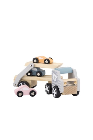 Camion con pianale e 3 piccole auto in legno - Da 18 mesi