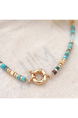 Collar de piedras y perlas turquesas - Latón chapado en oro 