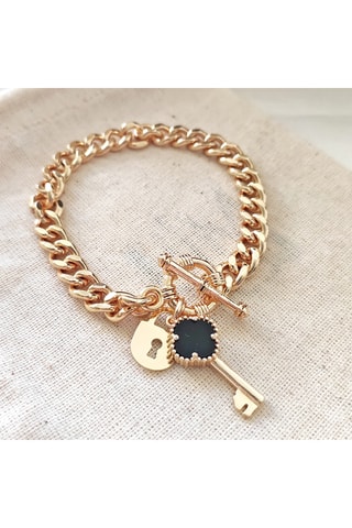 Pulsera de candado y trébol - Latón chapado en oro y nácar negro