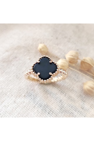 Anillo ajustable de trébol - Latón chapado en oro y nácar negro