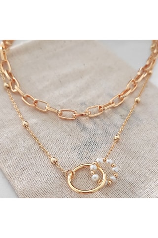 Collar doble - Latón chapado en oro y perlas sintéticas multicolor