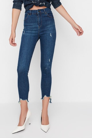 Calças de ganga skinny 7/8 de cintura alta - Azul-médio