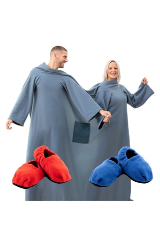 Set coperta doppia e 2 pantofole riscaldabili nel microonde - Grigio, blu e rosso