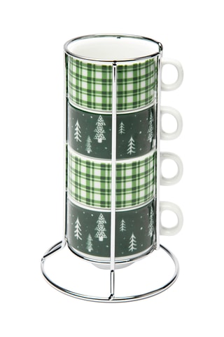 4 tazas de expreso de porceana y soporte Green Winter - 5 piezas
