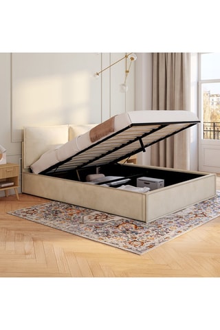 Lit coffre Lilou en velours beige avec sommier et tête de lit oreillers 160x200cm