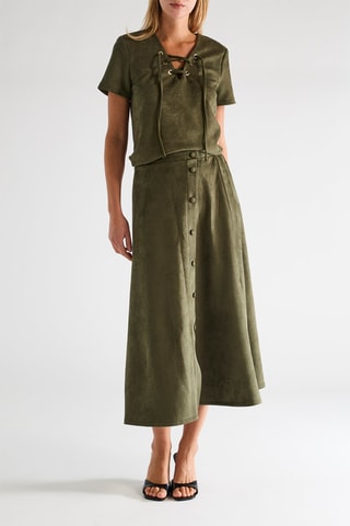 Jupe midi en velours taille haute - Kaki