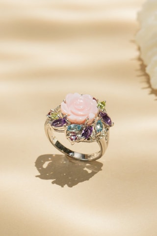 Bague - Or blanc, améthystes, péridots, rhodolites, topazes et nacre