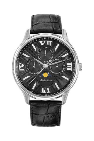 Montre à quartz en cuir Edmond Moon - Compteur phases de lune - Noir et argenté
