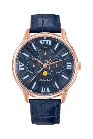 Montre à quartz en cuir Edmond Moon - Bleu marine et doré rose