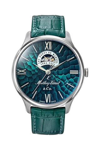 Orologio automatico in pelle Edmond Open Heart - Verde e argentato - Edizione limitata