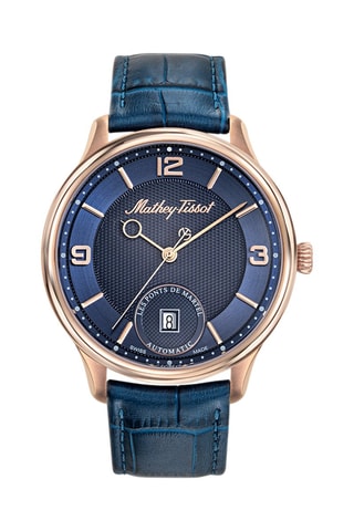 Montre automatique en cuir Edmond - Bleu marine et doré rose