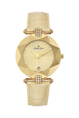 Orologio al quarzo in pelle con cristalli Swarovski Pyramide - Champagne e dorato