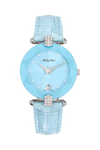 Orologio al quarzo in pelle con cristalli Swarovski Pyramide - Celeste e argentato