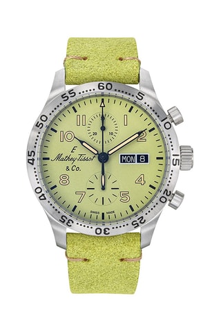 Montre automatique en cuir Landeron 77 - Tachymètre et chronographe - Vert et argenté