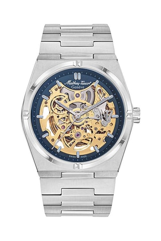Montre automatique en acier Zeus Skeleton - Argenté et bleu