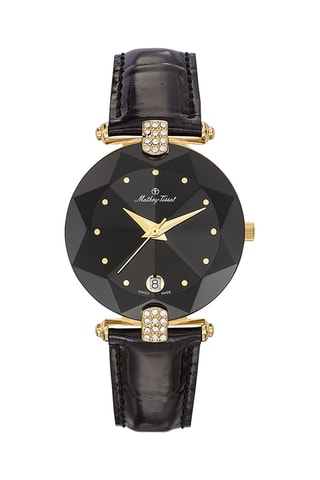 Montre à quartz en cuir ornée de cristaux Swarovski Pyramide - Noir et doré