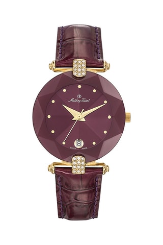 Montre à quartz en cuir ornée de cristaux Swarovski Pyramide - Bordeaux et doré