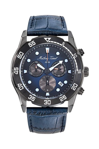 Montre à quartz en cuir véritable - Bleu et noir