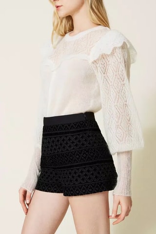 Short taille haute en velours brodé - Noir