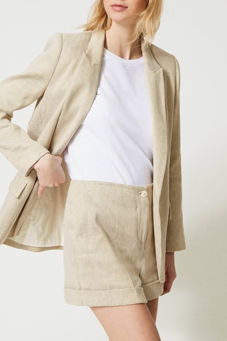 Short en lin taille haute - Beige