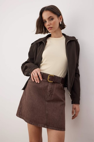 Falda recta vaquera de talle alto - Marrón