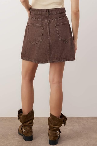 Falda recta vaquera de talle alto - Marrón