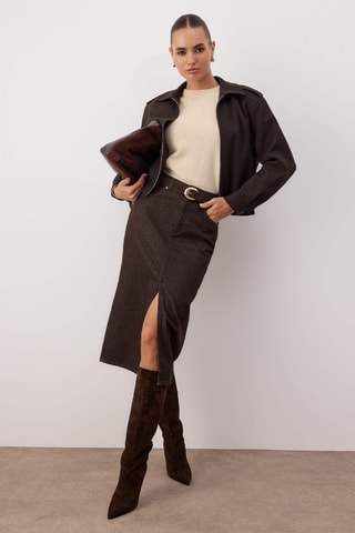 Falda midi vaquera de talle alto - Marrón