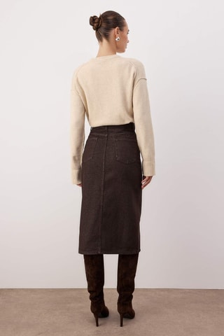 Falda midi vaquera de talle alto - Marrón