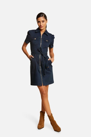 Robe droite zippée ceinturée en jean  - Bleu