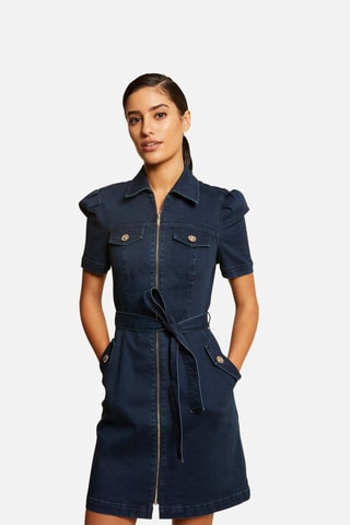 Robe droite zippée ceinturée en jean  - Bleu