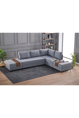 Canapé d'angle droit convertible Fly - Gris et imitation noyer - 4 places