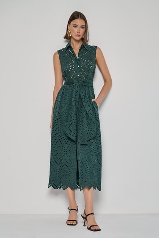 Robe chemise en broderie anglaise - Vert foncé