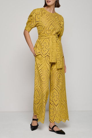 Pantalon palazzo en broderie anglaise - Moutarde