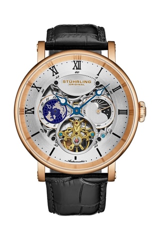 Reloj automático de piel Majestic - GMT - Negro y rosa dorado